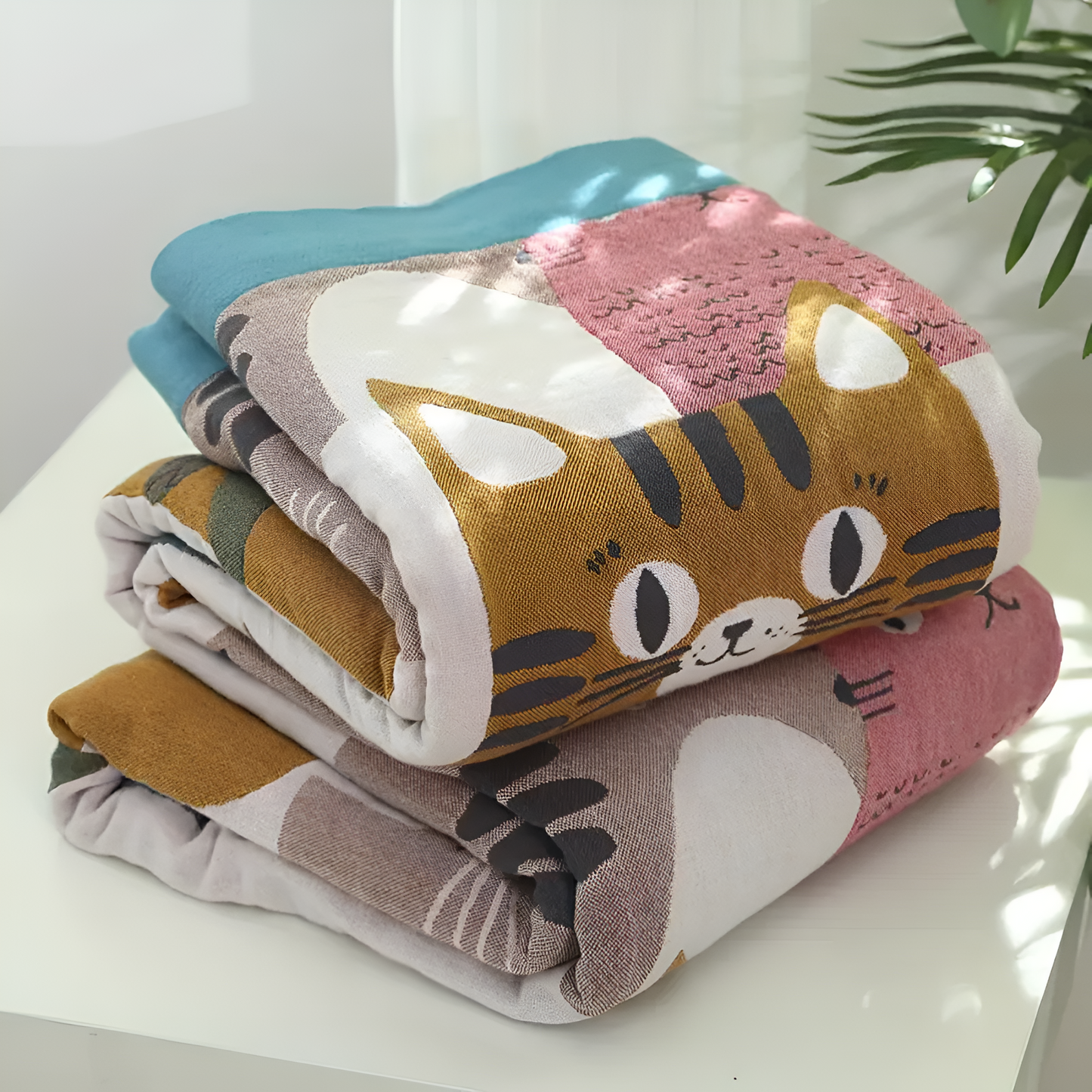 Reversible Playful Cat Cotton Blanket