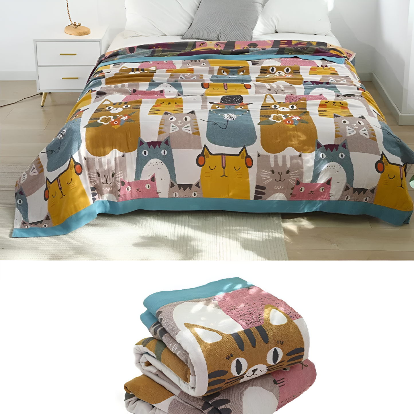 Reversible Playful Cat Cotton Blanket