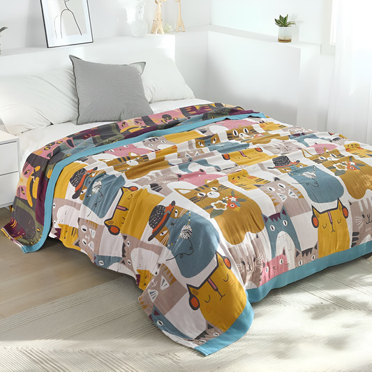 Reversible Playful Cat Cotton Blanket